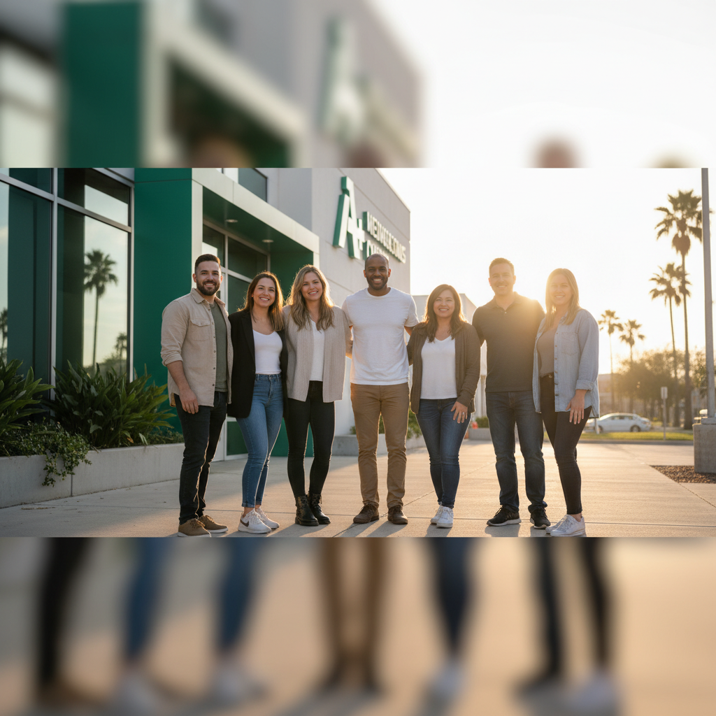 Austin community members outside a modern clinic